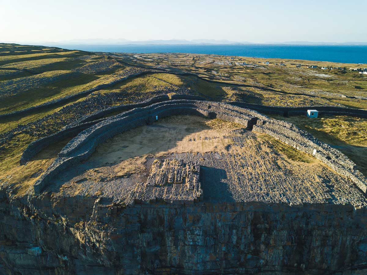 dun-aengus the famous stone walls of Inisheer are visible in an aerial photo